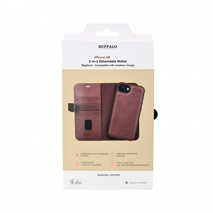 Buffalo Wallet 2in1 iPhone 16E 3 Card MagSerie Premium Leather Brown