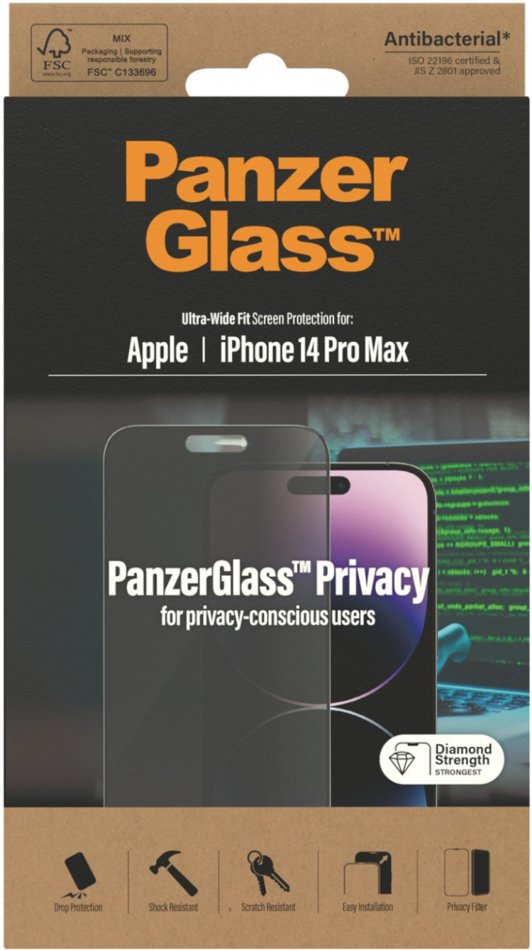PanzerGlass Ultra Wide Fit Privacy screen protector, iPhone 14 Pro Max, black bezel PanzerGlass Ultra Wide Fit Privacy screen protector, iPhone 14 Pro Max, black bezel