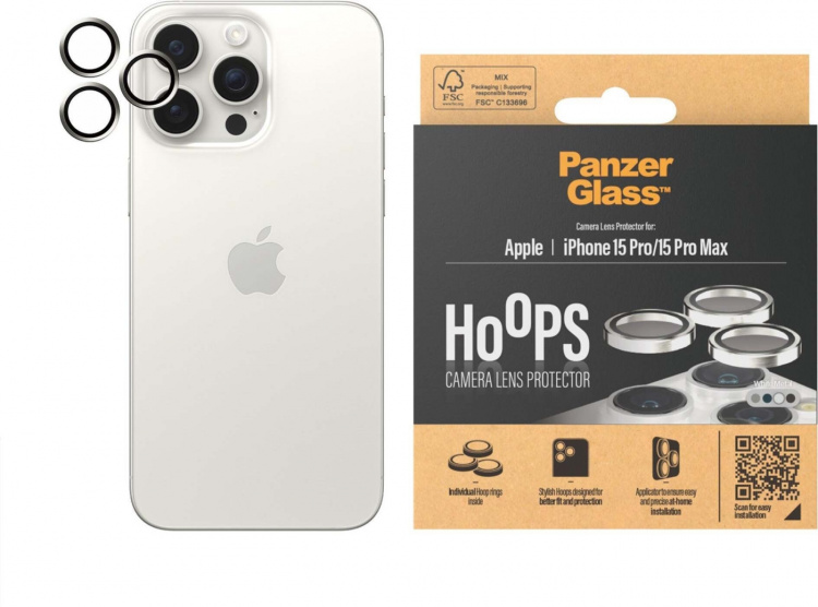 PanzerGlass Hoops camera lens cover, iPhone 15 Pro / 15 Pro Max, white metal PanzerGlass Hoops camera lens cover, iPhone 15 Pro / 15 Pro Max, white metal