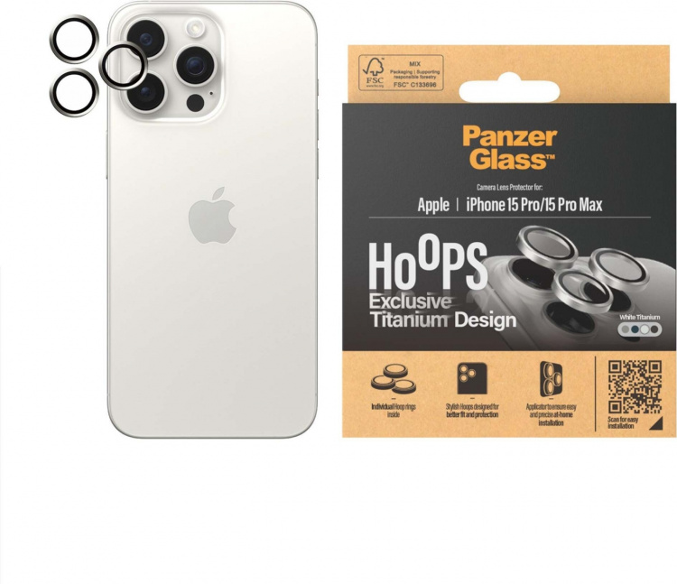PanzerGlass Hoops camera lens cover, iPhone 15 Pro / 15 Pro Max, white titanium PanzerGlass Hoops camera lens cover, iPhone 15 Pro / 15 Pro Max, white titanium
