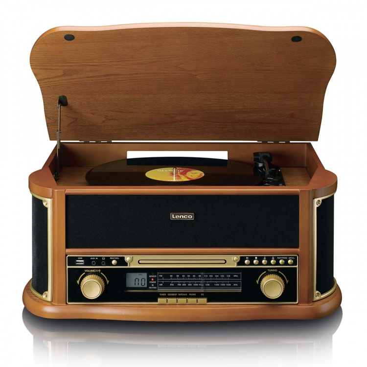 Lenco Wooden retro Record Player with Bluetooth® AM/FM radio USB encoding CD player cassette player and built-in speakers Lenco Wooden retro Record Player with Bluetooth® AM/FM radio USB encoding CD player cassette player and built-in speakers