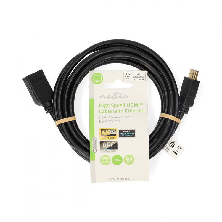Nedis High Speed HDMI™ Cable with Ethernet | HDMI™ Connector | HDMI™ Output | 4K@60Hz | ARC | 10.2 Gbps | 3.00 m | Round | PVC | Black | Label Nedis High Speed HDMI™ Cable with Ethernet | HDMI™ Connector | HDMI™ Output | 4K@60Hz | ARC | 10.2 Gbps | 3.00 m | Round | PVC | Black | Label