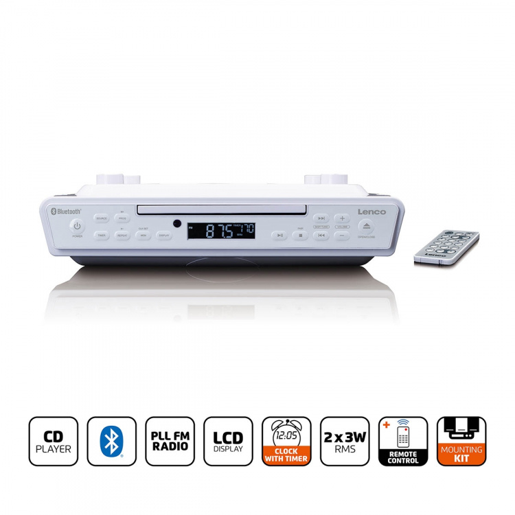 Lenco Kitchen clock radio with CD Bluetooth® and Remote Control White