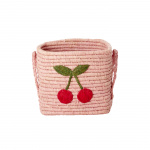 RICE Raffia Square Basket with Big Cherry Embroidery - Soft Pink - Small RICE Raffia Square Basket with Big Cherry Embroidery - Soft Pink - Small