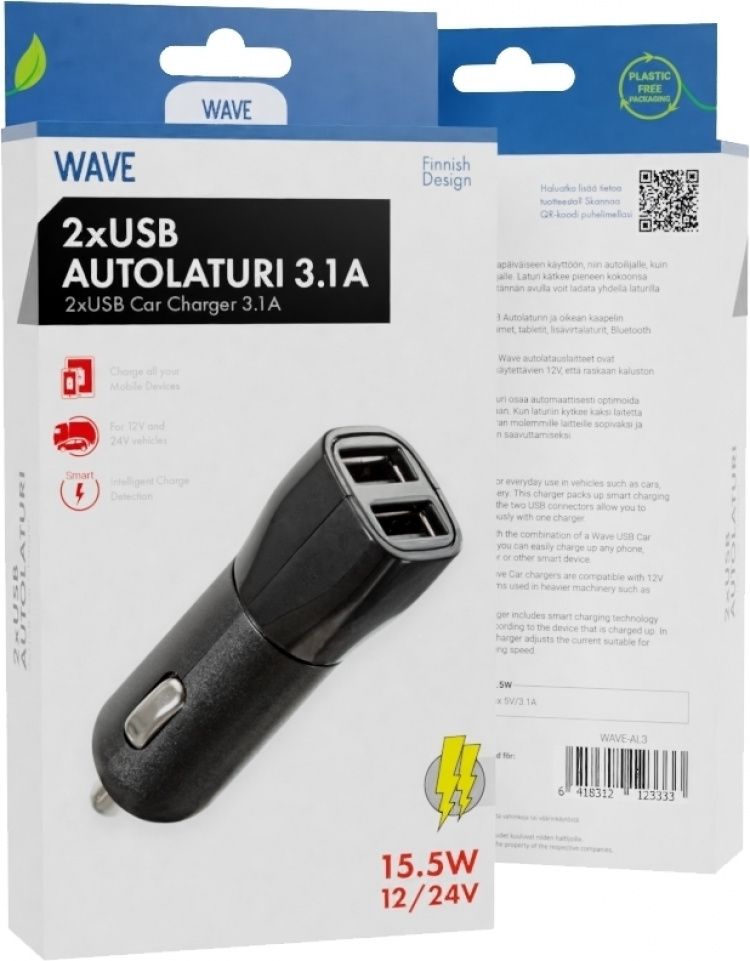 Wave car charger, with two USB connectors, 3.1 A Wave car charger, with two USB connectors, 3.1 A