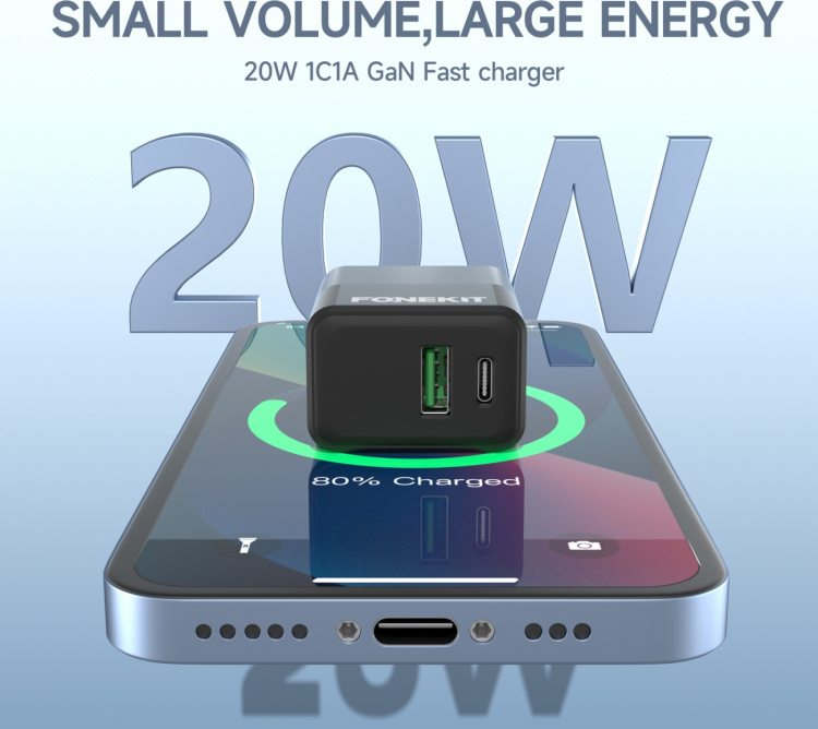FoneKit Double 20W charger, USB-C + USB-A, black FoneKit Double 20W charger, USB-C + USB-A, black