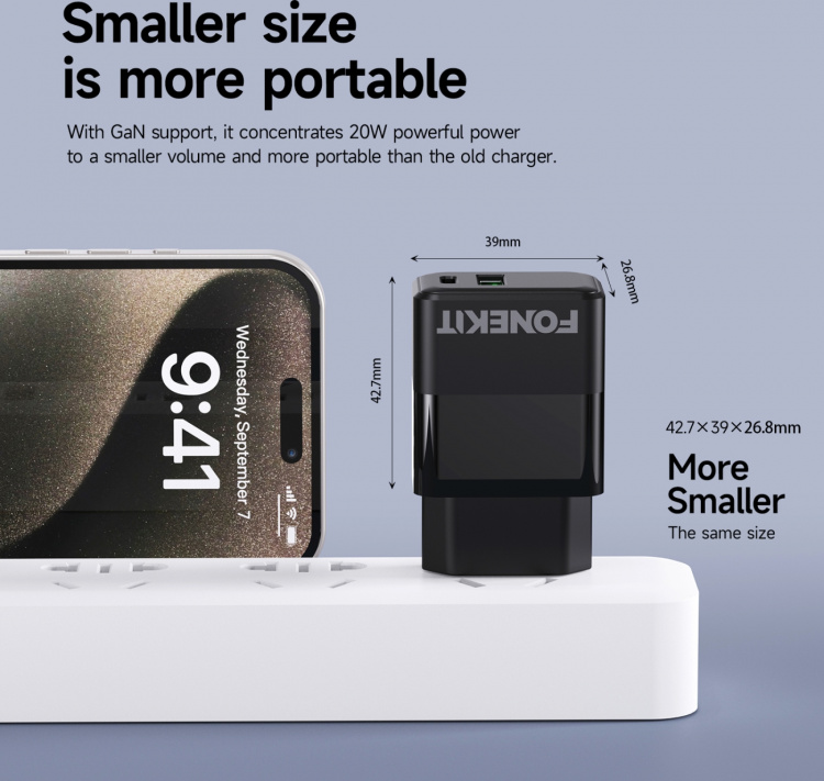 FoneKit Double 20W charger, USB-C + USB-A, black FoneKit Double 20W charger, USB-C + USB-A, black