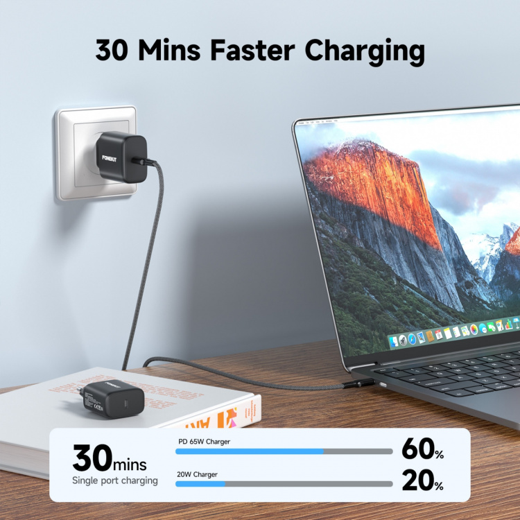 FoneKit GaN PD 65W AC charger, USB-C, black
