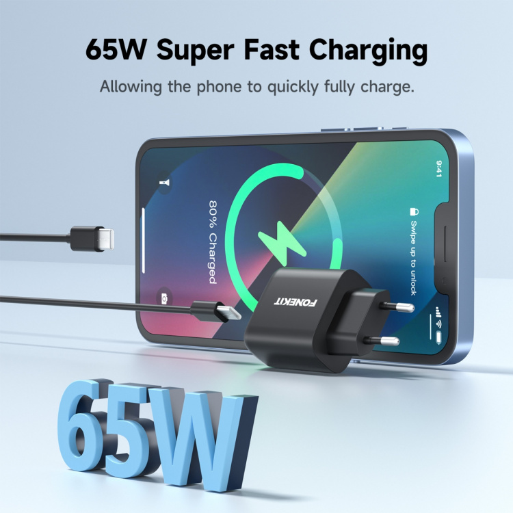 FoneKit GaN PD 65W AC charger, USB-C, black