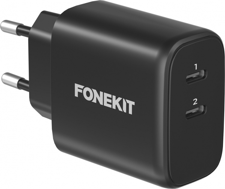 FoneKit GaN PD 65W AC charger, USB-C + USB-C, black