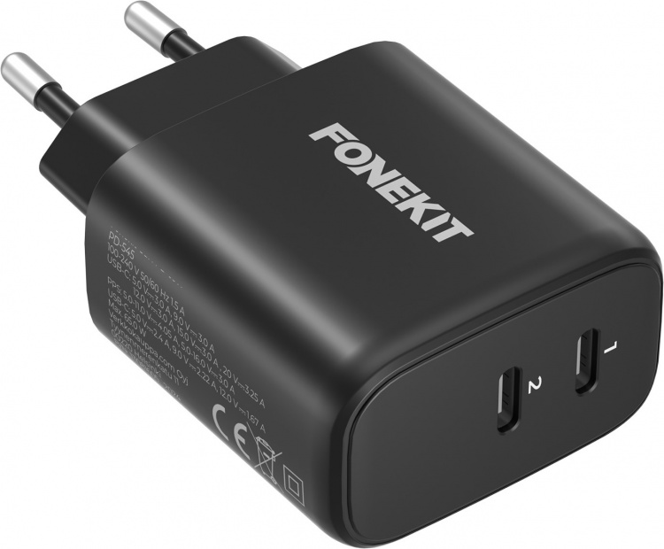 FoneKit GaN PD 65W AC charger, USB-C + USB-C, black