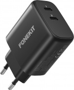 FoneKit GaN PD 65W AC charger, USB-C + USB-C, black