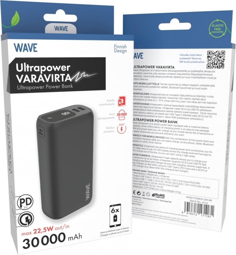 Wave Ultrapower backup power supply, 30 000 mAh, black Wave Ultrapower backup power supply, 30 000 mAh, black