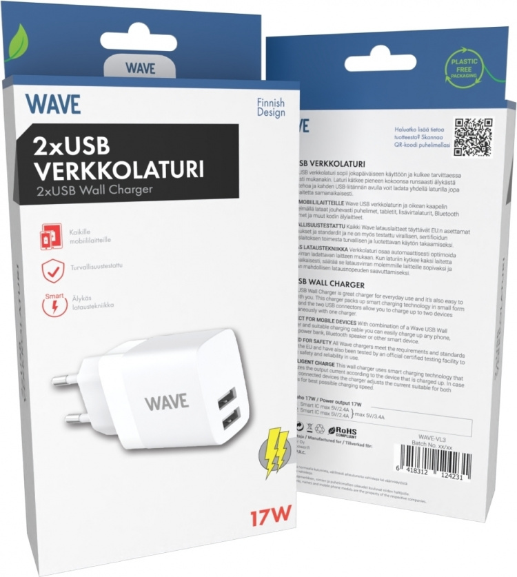 Wave mains charger 2 x USB, 17W, white