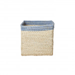 RICE Raffia Basket without Handles in Nature with Blue Border - 20 cm x 20 cm x 20 cm - natural with blue border