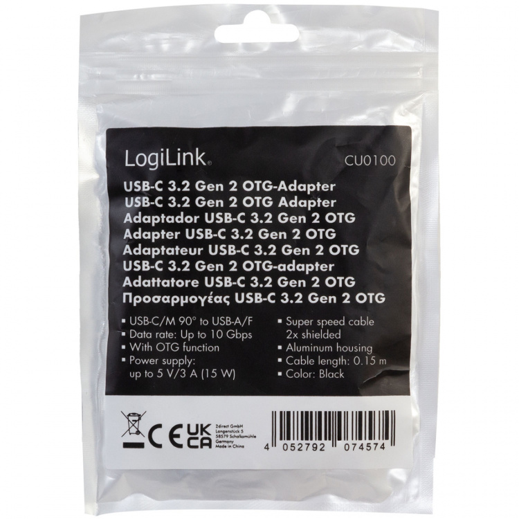 LogiLink Vinklad USB-C-kabel USB 3.2 15W 0,2m LogiLink Vinklad USB-C-kabel USB 3.2 15W 0,2m