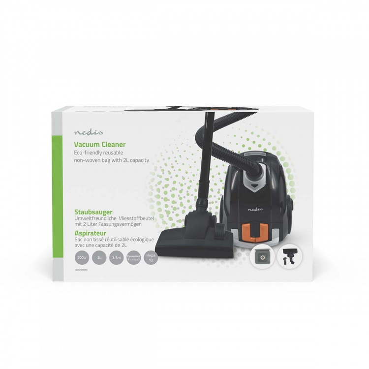 Nedis Vacuum Cleaner | With Bag | 700 W | Dust capacity: 2.0 l | Combi Brush | Action radius: 7.50 m | Hepa 12 | Black / Orange Nedis Vacuum Cleaner | With Bag | 700 W | Dust capacity: 2.0 l | Combi Brush | Action radius: 7.50 m | Hepa 12 | Black / Orange