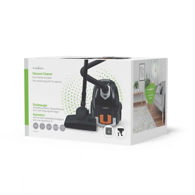 Nedis Vacuum Cleaner | With Bag | 700 W | Dust capacity: 2.0 l | Combi Brush | Action radius: 7.50 m | Hepa 12 | Black / Orange Nedis Vacuum Cleaner | With Bag | 700 W | Dust capacity: 2.0 l | Combi Brush | Action radius: 7.50 m | Hepa 12 | Black / Orange