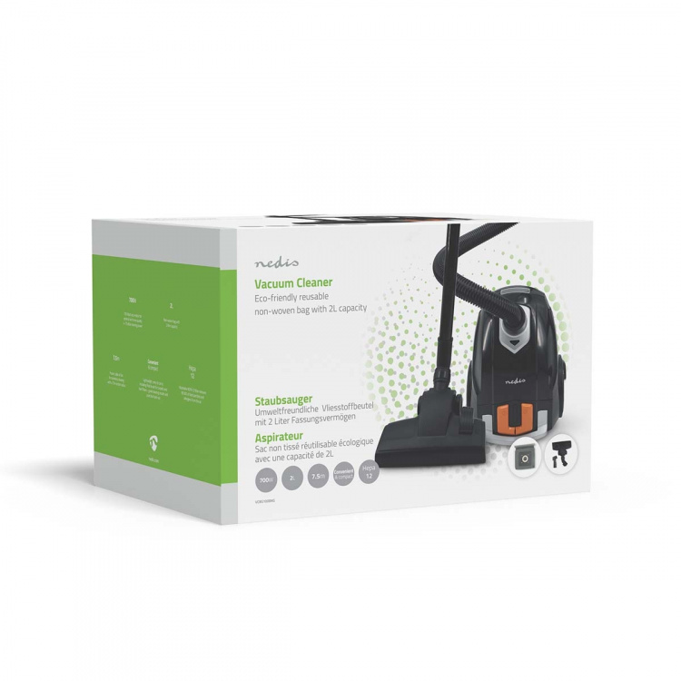 Nedis Vacuum Cleaner | With Bag | 700 W | Dust capacity: 2.0 l | Combi Brush | Action radius: 7.50 m | Hepa 12 | Black / Orange Nedis Vacuum Cleaner | With Bag | 700 W | Dust capacity: 2.0 l | Combi Brush | Action radius: 7.50 m | Hepa 12 | Black / Orange