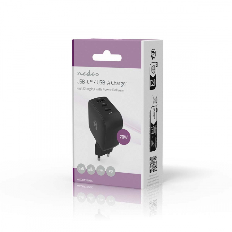 Nedis Wall Charger | PD3.0 | Quick charge feature | 1.5 / 2.25 / 2.5 / 3.0 / 3.5 A | Number of outputs: 3 | USB-A / 2x USB-C™ | Automatic Voltage Selection | Black