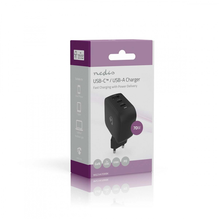 Nedis Wall Charger | PD3.0 | Quick charge feature | 1.5 / 2.25 / 2.5 / 3.0 / 3.5 A | Number of outputs: 3 | USB-A / 2x USB-C™ | Automatic Voltage Selection | Black