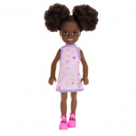 Barbie Chelsea Doll, Small Doll - Purple Floral Dress With Space Buns & Brown Eyes (HXM96)