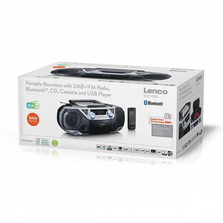 Lenco Portable Boombox with DAB+/FM radio, Bluetooth®, CD, Cassette Recorder and USB player Silver