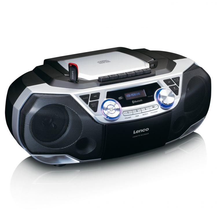 Lenco Portable Boombox with DAB+/FM radio, Bluetooth®, CD, Cassette Recorder and USB player Silver