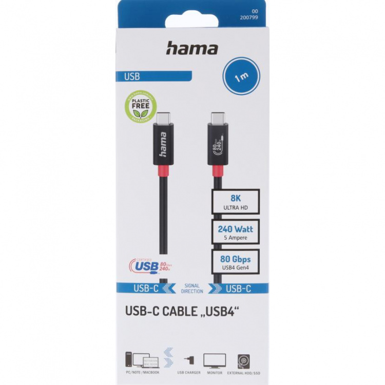 Hama Cable USB-C USB 4.0 Gen4 80 Gbit/S 240W Black 1.0m
