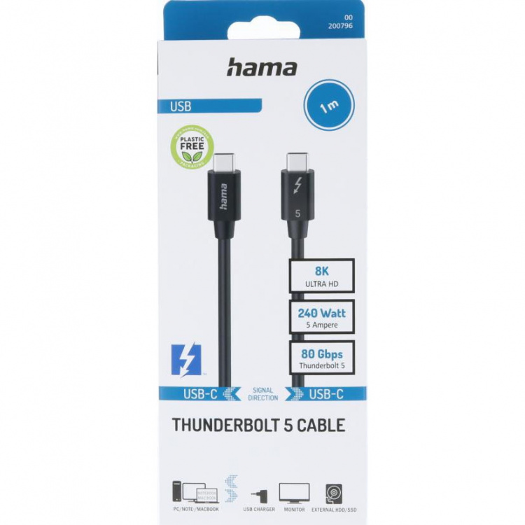 Hama Cable USB-C Thunderbolt 5 80 Gbit/S Ultra-Hd 8K 1.0M Black