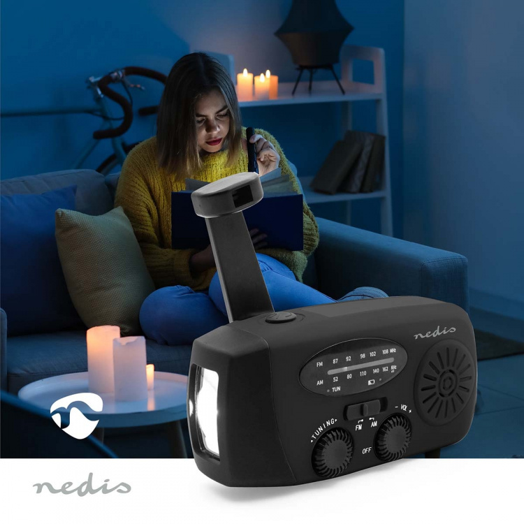 Nedis Emergency Radio | Table Design | AM / FM | Powerbank function | Accu Powered / Hand Crank / USB Powered | Black Nedis Emergency Radio | Table Design | AM / FM | Powerbank function | Accu Powered / Hand Crank / USB Powered | Black