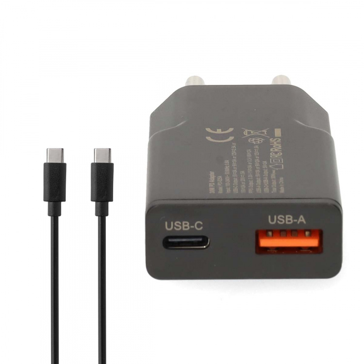 Nedis Wall Charger | PD3.0 | Quick charge feature | 1.5 / 2.0 / 2.22 / 3.0 A | Number of outputs: 2 | USB-A / USB-C™ | USB Type-C™ (Loose) Cable | 1.50 m | Automatic Voltage Selection | Black