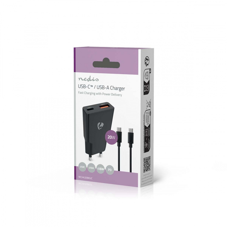 Nedis Wall Charger | PD3.0 | Quick charge feature | 1.5 / 2.0 / 2.22 / 3.0 A | Number of outputs: 2 | USB-A / USB-C™ | USB Type-C™ (Loose) Cable | 1.50 m | Automatic Voltage Selection | Black