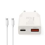 Nedis Wall Charger | PD3.0 | Quick charge feature | 1.5 / 2.0 / 2.22 / 3.0 A | Number of outputs: 2 | USB-A / USB-C™ | USB-C™ (Loose) Cable | 1.50 m | Automatic Voltage Selection | White