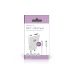 Nedis Wall Charger | PD3.0 | Quick charge feature | 1.5 / 2.0 / 2.22 / 3.0 A | Number of outputs: 2 | USB-A / USB-C™ | USB-C™ (Loose) Cable | 1.50 m | Automatic Voltage Selection | White