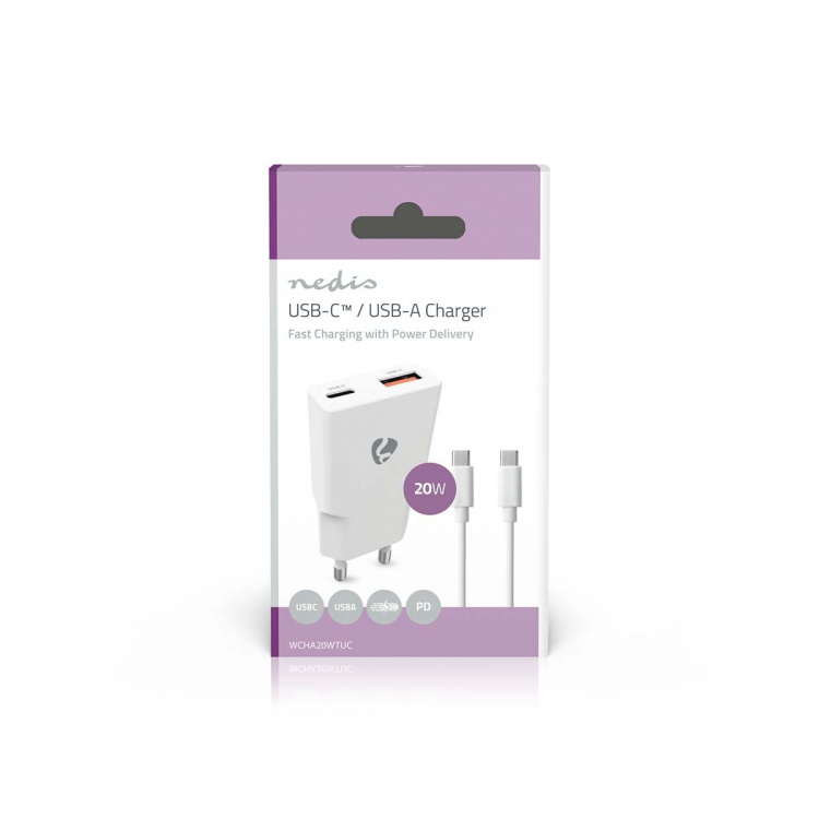 Nedis Wall Charger | PD3.0 | Quick charge feature | 1.5 / 2.0 / 2.22 / 3.0 A | Number of outputs: 2 | USB-A / USB-C™ | USB-C™ (Loose) Cable | 1.50 m | Automatic Voltage Selection | White