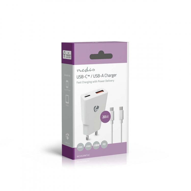 Nedis Wall Charger | PD3.0 | Quick charge feature | 1.5 / 2.0 / 2.22 / 3.0 A | Number of outputs: 2 | USB-A / USB-C™ | USB-C™ (Loose) Cable | 1.50 m | Automatic Voltage Selection | White