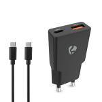 Nedis Wall Charger | PD3.0 | Quick charge feature | 1.5 / 2.0 / 2.5 / 3.0 A | Number of outputs: 2 | USB-A / USB-C™ | USB Type-C™ (Loose) Cable | 1.50 m | Automatic Voltage Selection | Black
