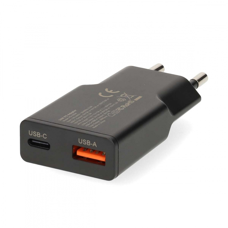 Nedis Wall Charger | PD3.0 | Quick charge feature | 1.5 / 2.0 / 2.5 / 3.0 A | Number of outputs: 2 | USB-A / USB-C™ | USB Type-C™ (Loose) Cable | 1.50 m | Automatic Voltage Selection | Black