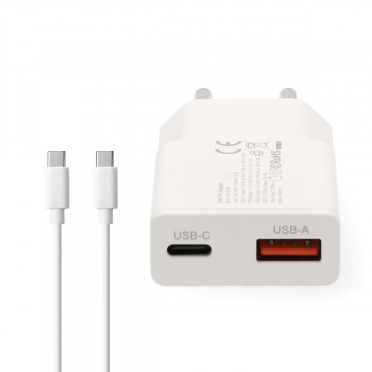 Nedis Wall Charger | PD3.0 30W | Quick charge feature | 1.5 / 2.0 / 2.5 / 3.0 A | Number of outputs: 2 | USB-A / USB-C™ | USB-C™ (Loose) Cable | 1.50 m | Automatic Voltage Selection | White