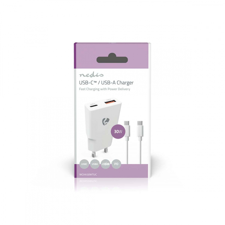 Nedis Wall Charger | PD3.0 30W | Quick charge feature | 1.5 / 2.0 / 2.5 / 3.0 A | Number of outputs: 2 | USB-A / USB-C™ | USB-C™ (Loose) Cable | 1.50 m | Automatic Voltage Selection | White