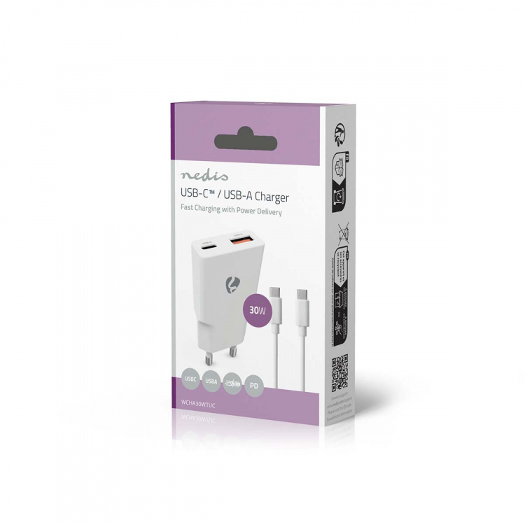 Nedis Wall Charger | PD3.0 30W | Quick charge feature | 1.5 / 2.0 / 2.5 / 3.0 A | Number of outputs: 2 | USB-A / USB-C™ | USB-C™ (Loose) Cable | 1.50 m | Automatic Voltage Selection | White