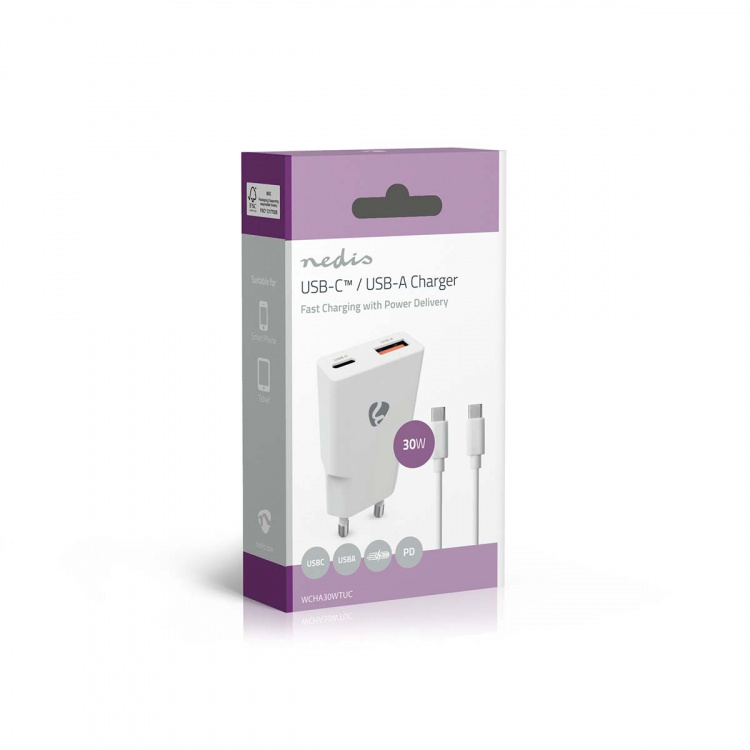 Nedis Wall Charger | PD3.0 30W | Quick charge feature | 1.5 / 2.0 / 2.5 / 3.0 A | Number of outputs: 2 | USB-A / USB-C™ | USB-C™ (Loose) Cable | 1.50 m | Automatic Voltage Selection | White