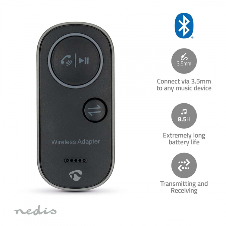 Nedis Bluetooth® Transmitter Receiver | Audio / video / data connections input: USB-C™ Female | Audio / video / data connections output: 1x 3.5 mm | SBC | Up to 1 Device | Battery play time: 8.5 hrs | Black