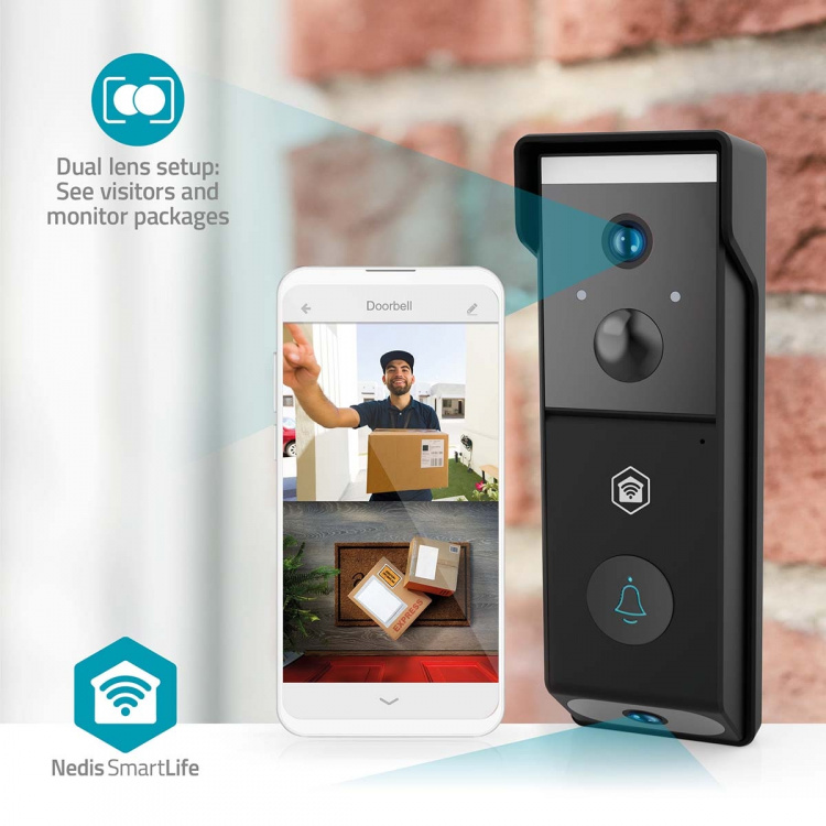 Nedis SmartLife Video Doorbell | Battery Powered | 2x Full HD 1080p | Cloud Storage (optional) / microSD (not included) | IP54 | With motion sensor | Night vision | Black