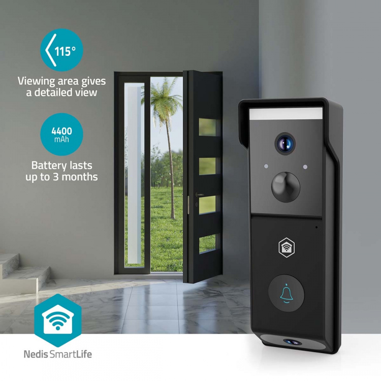 Nedis SmartLife Video Doorbell | Battery Powered | 2x Full HD 1080p | Cloud Storage (optional) / microSD (not included) | IP54 | With motion sensor | Night vision | Black