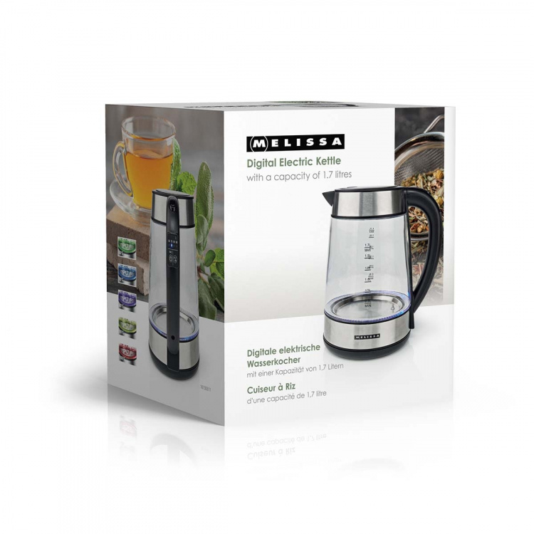 MELISSA Digital Electric Kettle | 1.7 l | 2200 W | Glass | 50/70/80/90/100 °C Presets | 360° pirouette base | Concealed heating element | Strix® controller | Keep-warm function | Boil-dry protection MELISSA Digital Electric Kettle | 1.7 l | 2200 W | Glass | 50/70/80/90/100 °C Presets | 360° pirouette base | Concealed heating element | Strix® controller | Keep-warm function | Boil-dry protection