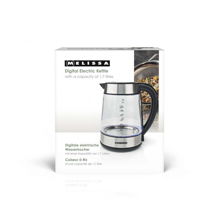 MELISSA Digital Electric Kettle | 1.7 l | 2200 W | Glass | 50/70/80/90/100 °C Presets | 360° pirouette base | Concealed heating element | Strix® controller | Keep-warm function | Boil-dry protection MELISSA Digital Electric Kettle | 1.7 l | 2200 W | Glass | 50/70/80/90/100 °C Presets | 360° pirouette base | Concealed heating element | Strix® controller | Keep-warm function | Boil-dry protection