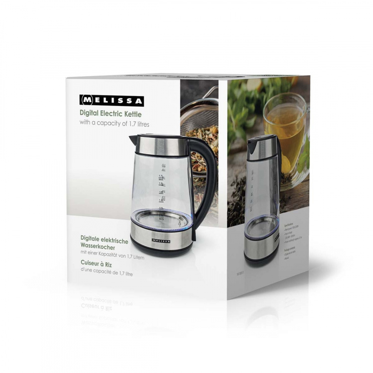 MELISSA Digital Electric Kettle | 1.7 l | 2200 W | Glass | 50/70/80/90/100 °C Presets | 360° pirouette base | Concealed heating element | Strix® controller | Keep-warm function | Boil-dry protection MELISSA Digital Electric Kettle | 1.7 l | 2200 W | Glass | 50/70/80/90/100 °C Presets | 360° pirouette base | Concealed heating element | Strix® controller | Keep-warm function | Boil-dry protection