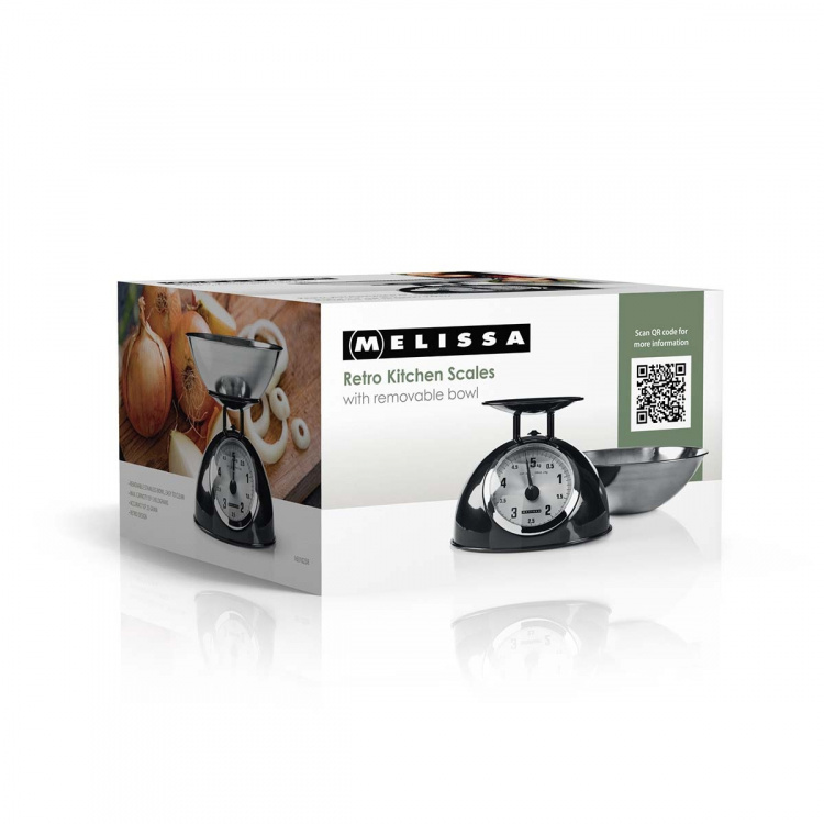 MELISSA Retro Kitchen Scale | Analog | Metal Housing | Removable bowl | Max. 5kg | 25-gram increments | Black